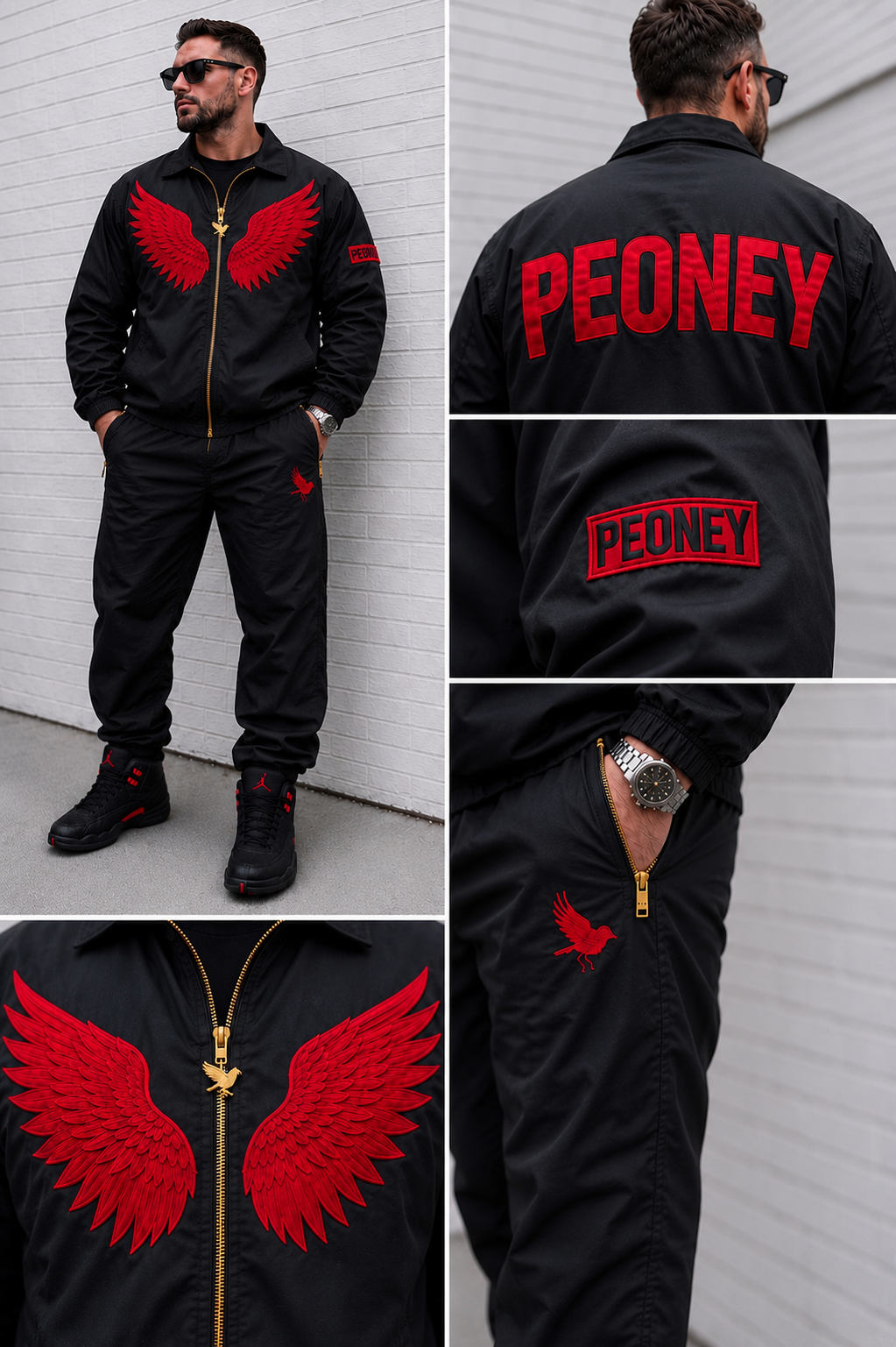 PEONEY Guardian Angel Men's Windbreaker Set - Black and Red